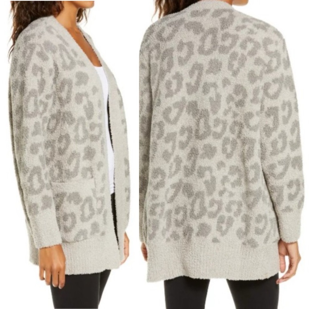 Barefoot Dreams Cozy Chic Leopard Cardigan Sweater Linen Warm Gray S - Picture 3 of 14